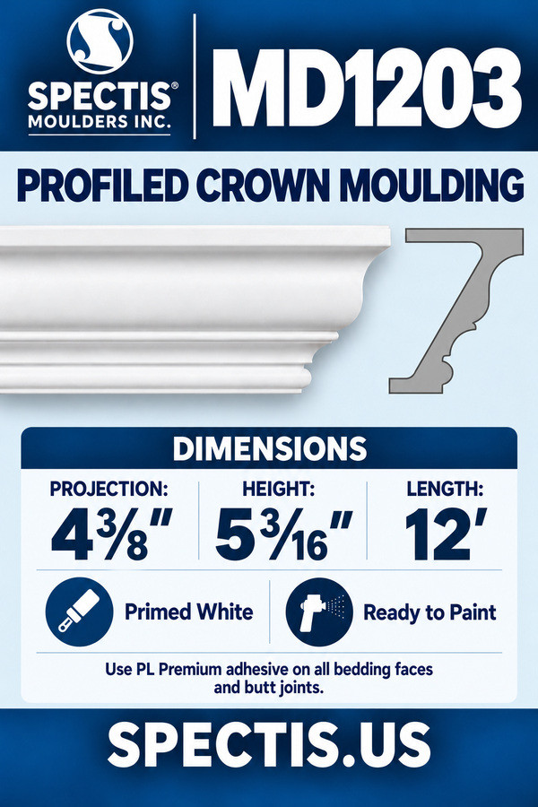 MD1203 Profiled Crown Moulding — dimensions and matching side profile