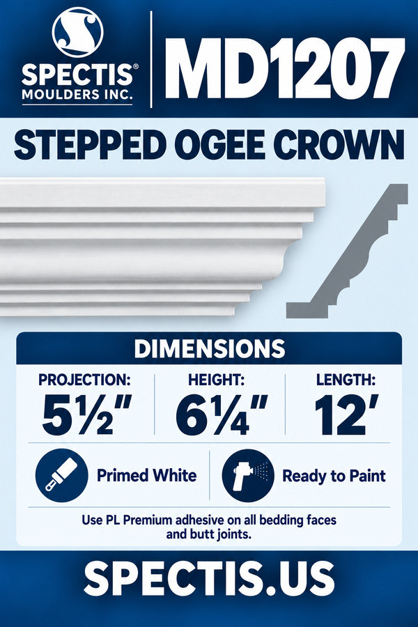 MD1207 Stepped Ogee Crown — dimensions and matching side profile