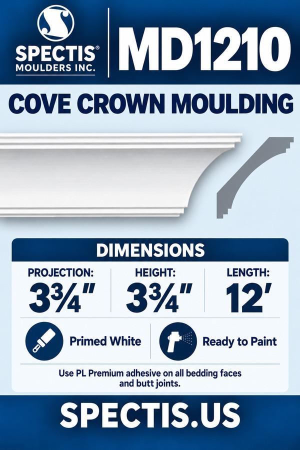 MD1210 Cove Crown Moulding — dimensions and matching side profile