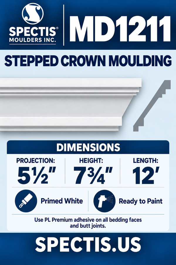 MD1211 Stepped Crown Moulding — dimensions and matching side profile