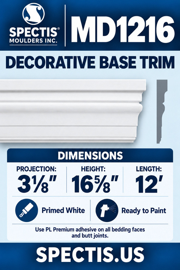 MD1216 Decorative Base Trim — dimensions and matching side profile