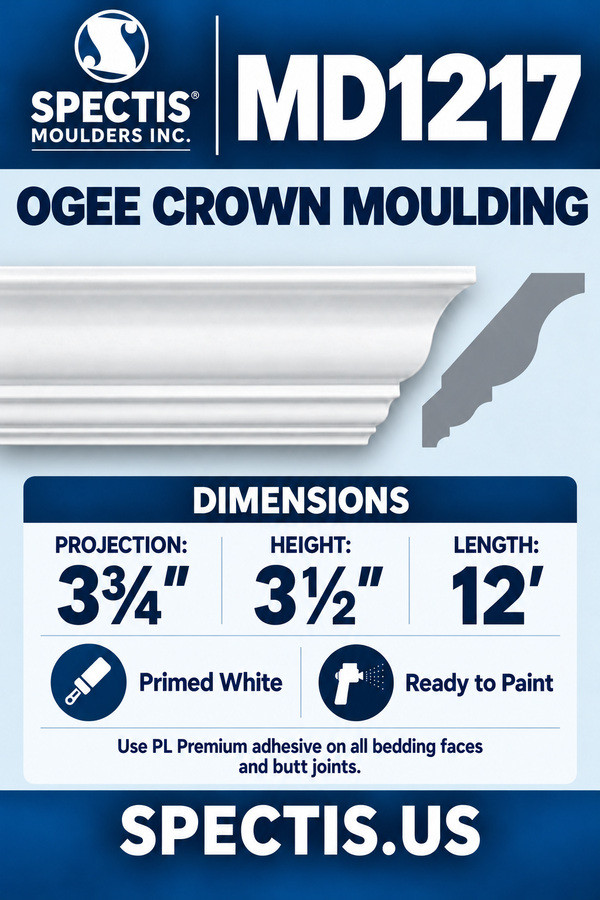 MD1217 Ogee Crown Moulding — dimensions and matching side profile