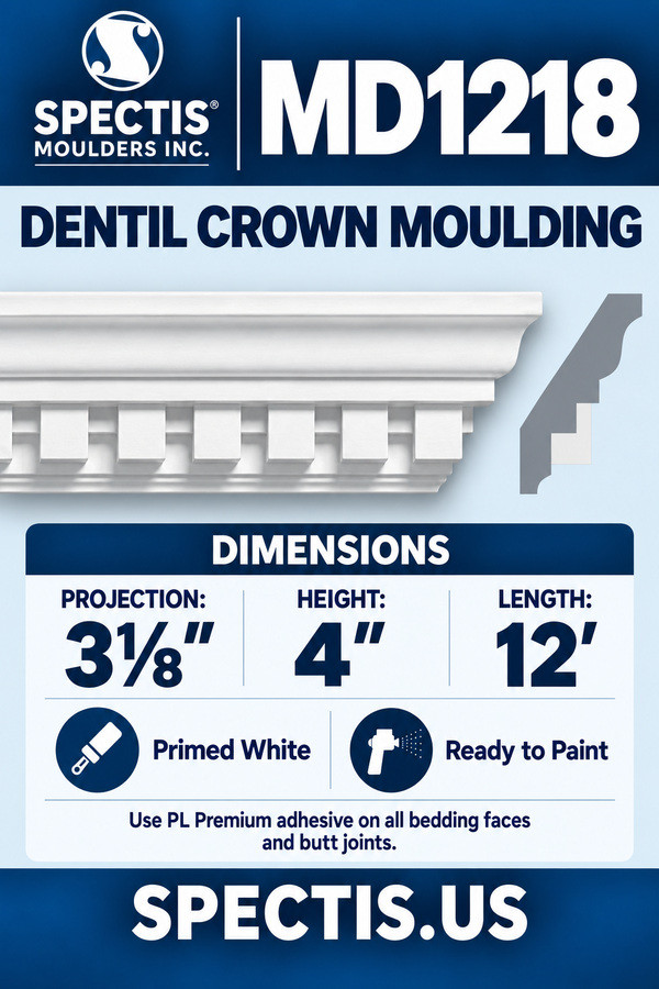 MD1218 Dentil Crown Moulding — dimensions and matching side profile