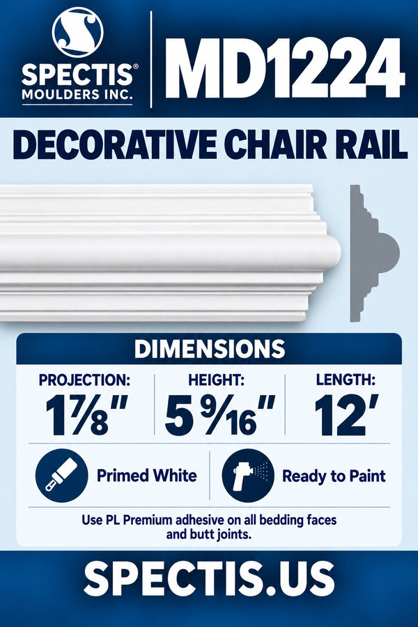 MD1224 Decorative Chair Rail — dimensions and matching side profile
