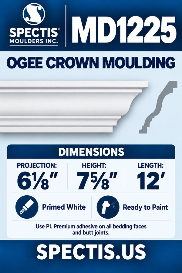 MD1225 Ogee Crown Moulding — dimensions and matching side profile