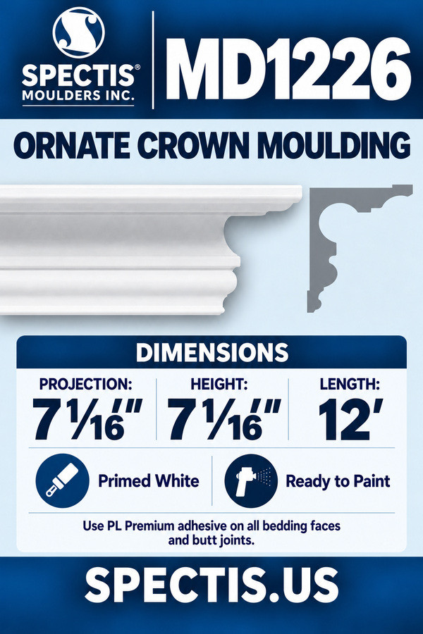 MD1226 Ornate Crown Moulding — dimensions and matching side profile