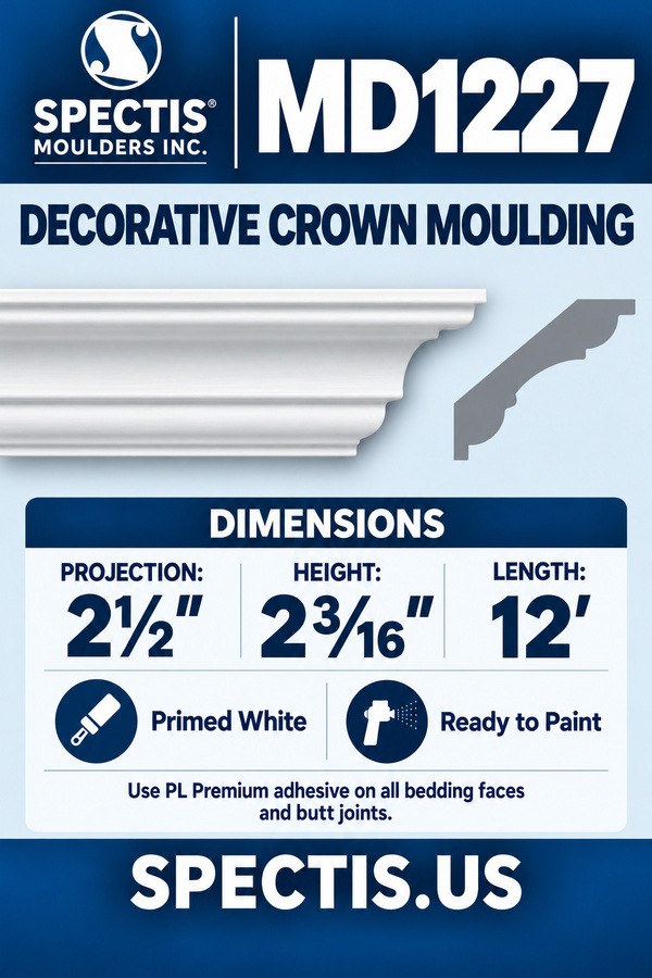 MD1227 Decorative Crown Moulding — dimensions and matching side profile