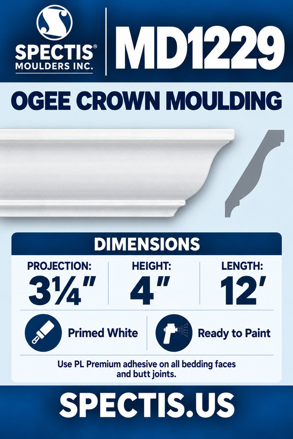 MD1229 Ogee Crown Moulding — dimensions and matching side profile