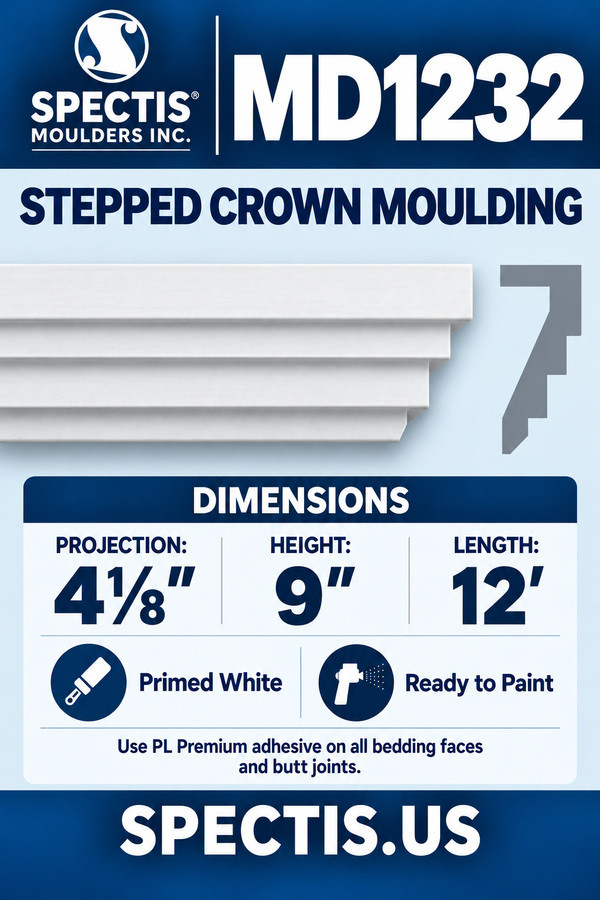 MD1232 Stepped Crown Moulding — dimensions and matching side profile