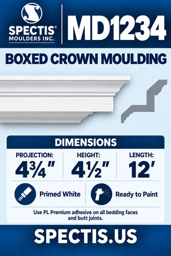 MD1234 Boxed Crown Moulding — dimensions and matching side profile