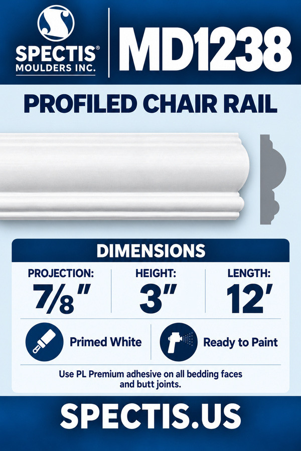 MD1238 Profiled Chair Rail — dimensions and matching side profile