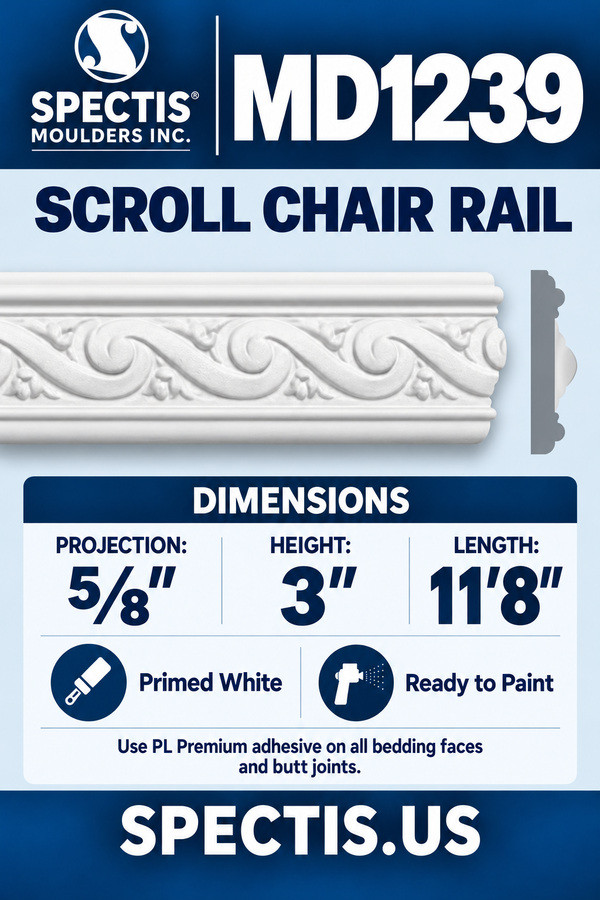 MD1239 Scroll Chair Rail — dimensions and matching side profile