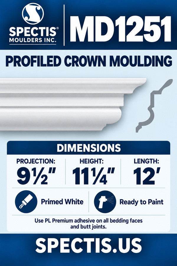 MD1251 Profiled Crown Moulding — dimensions and matching side profile