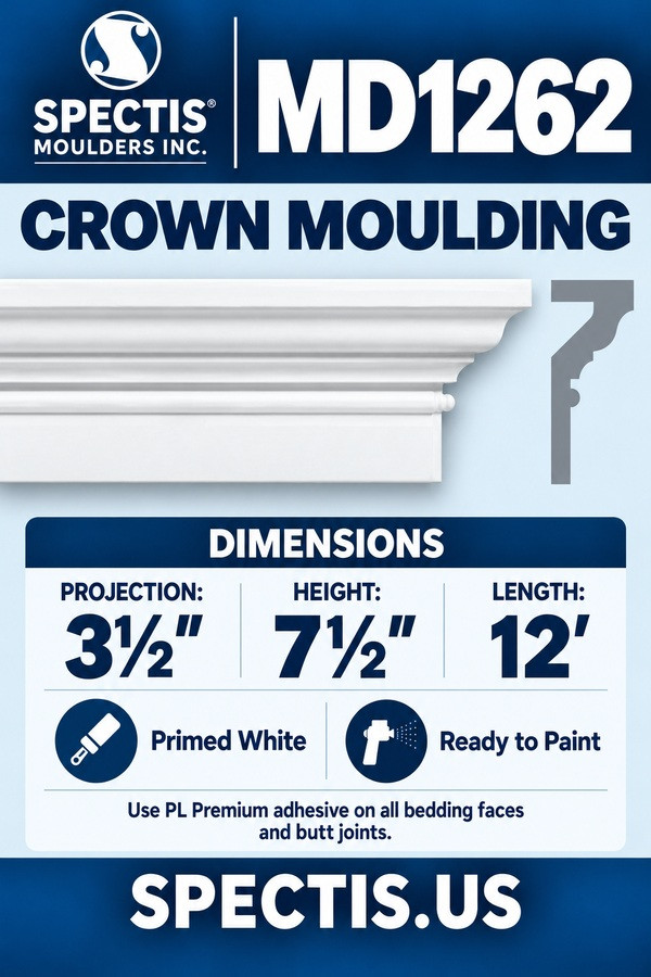 MD1262 Crown Moulding — dimensions and matching side profile