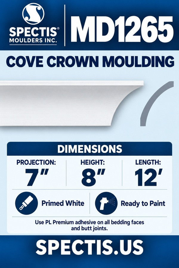 MD1265 Cove Crown Moulding — dimensions and matching side profile