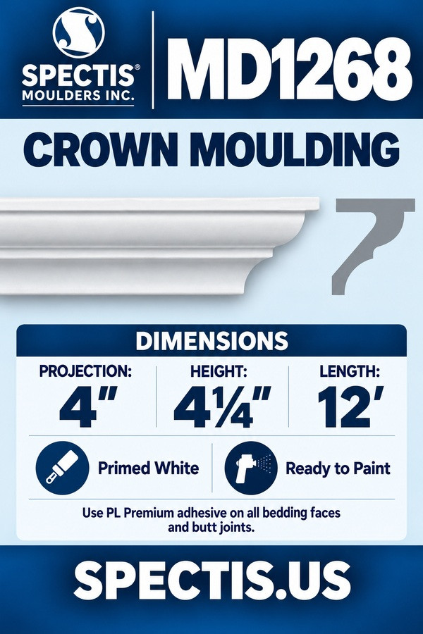 MD1268 Crown Moulding — dimensions and matching side profile