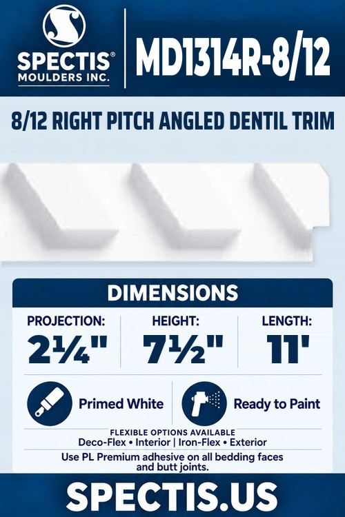 MD1314R-8/12 8/12 right pitch angled dentil trim section and side profile