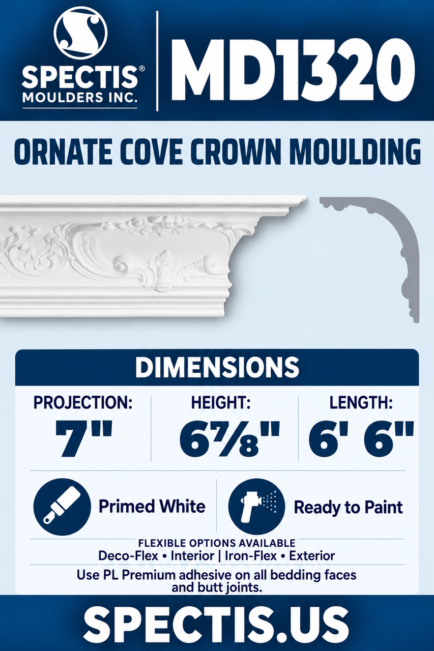 MD1320 ornate cove crown moulding section and side profile
