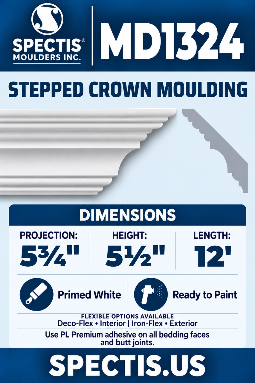 MD1324 stepped crown moulding section and side profile