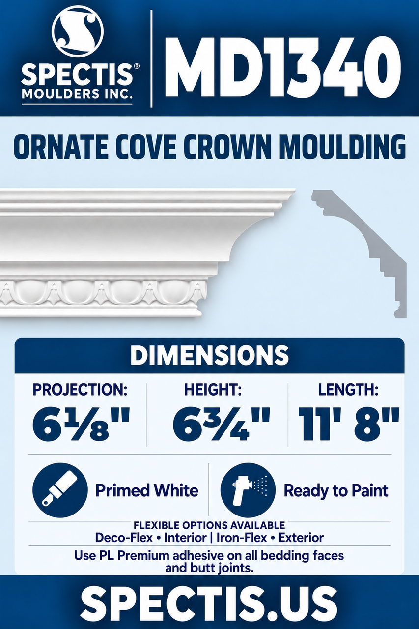 MD1340 ornate cove crown moulding section and side profile