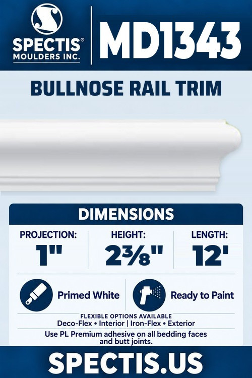 MD1343 bullnose rail trim section and side profile