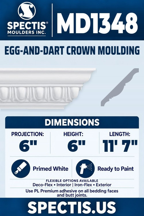 MD1348 egg-and-dart crown moulding section and side profile