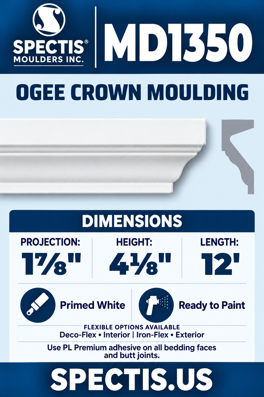 MD1350 ogee crown moulding section and side profile