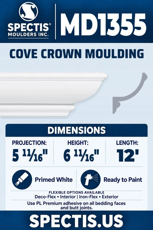 MD1355 cove crown moulding section and side profile