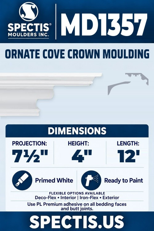 MD1357 ornate cove crown moulding section and side profile