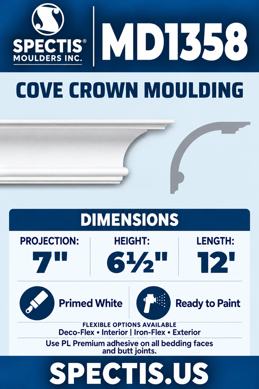 MD1358 cove crown moulding section and side profile