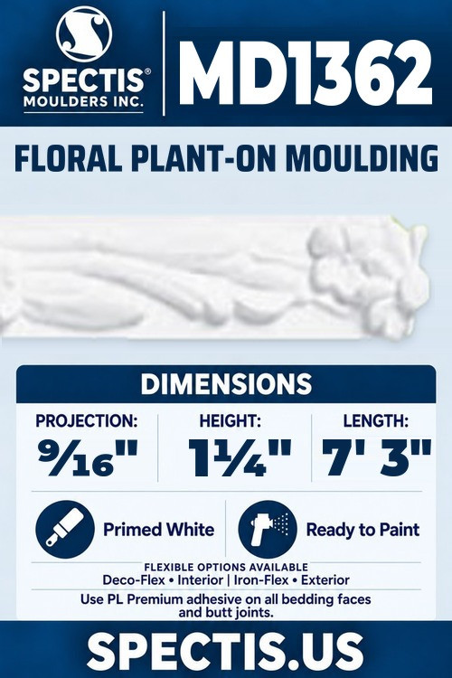 MD1362 floral plant-on moulding section and side profile
