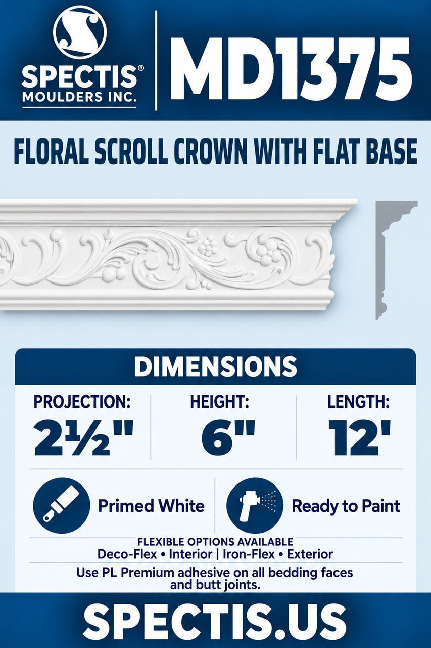 MD1375 floral scroll crown with flat base section and side profile