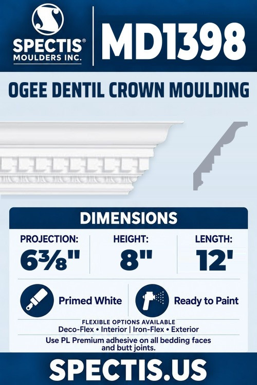 MD1398 ogee dentil crown moulding section and side profile