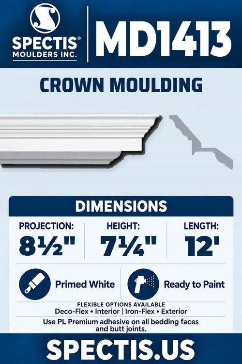 MD1413 stepped crown moulding section and side profile