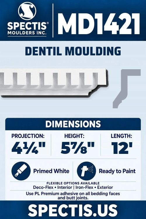MD1421 stepped dentil crown moulding section and side profile