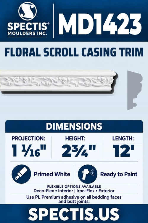 MD1423 floral scroll casing trim section and side profile