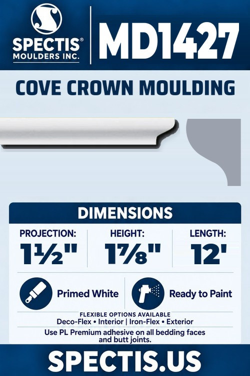 MD1427 cove crown moulding section and side profile