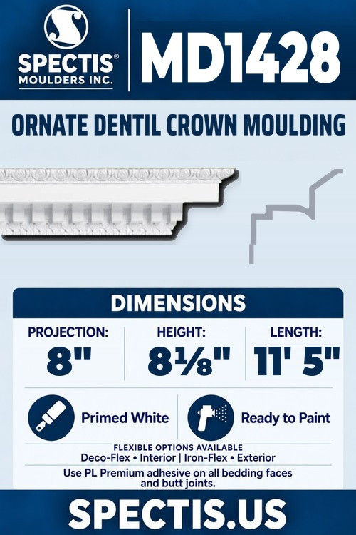 MD1428 ornate dentil crown moulding section and side profile