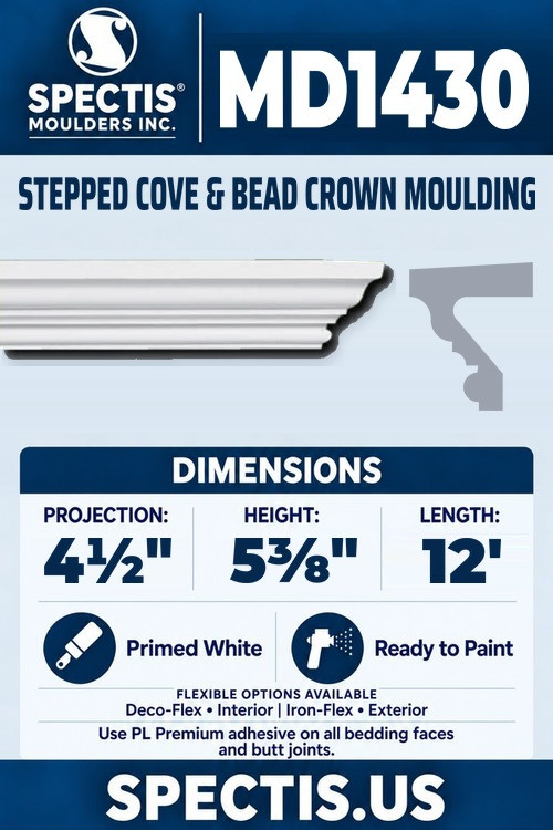 MD1430 stepped cove & bead crown moulding section and side profile