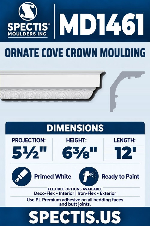 MD1461 ornate cove crown moulding section and side profile