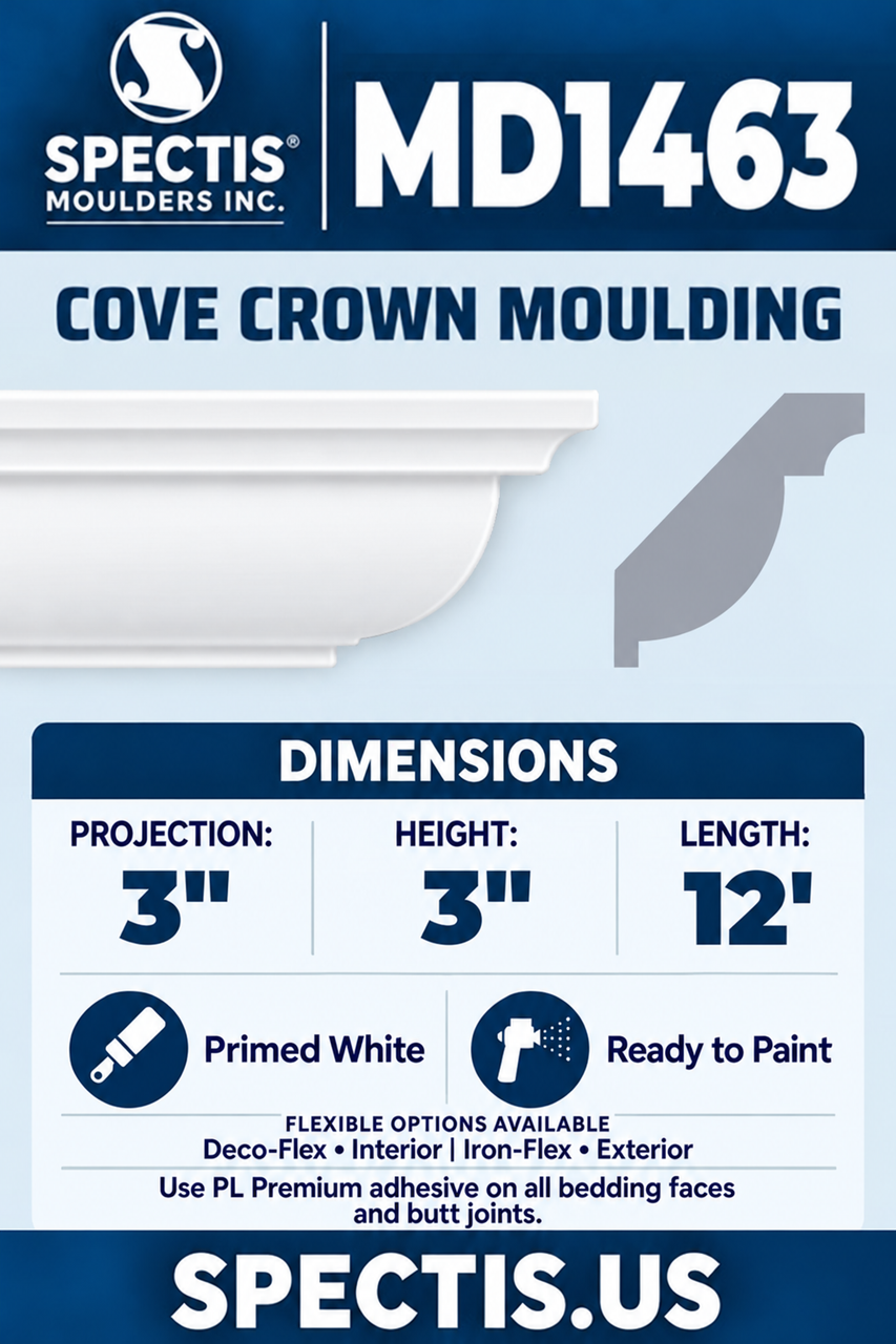 MD1463 cove crown moulding section and side profile