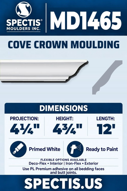 MD1465 cove crown moulding section and side profile