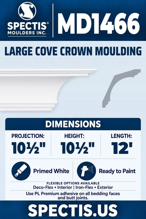 MD1466 large cove crown moulding section and side profile