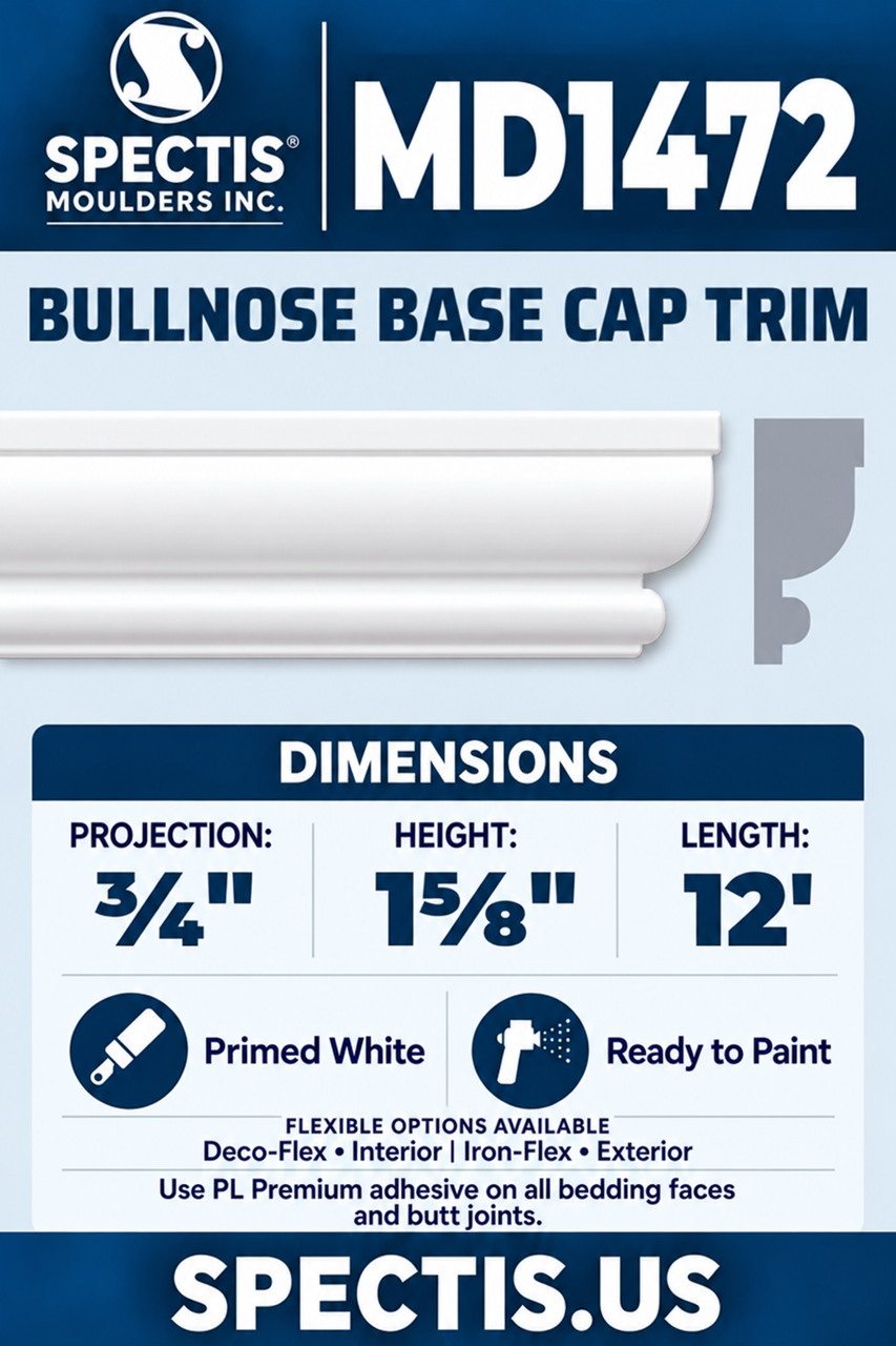 MD1472 bullnose base cap trim section and side profile