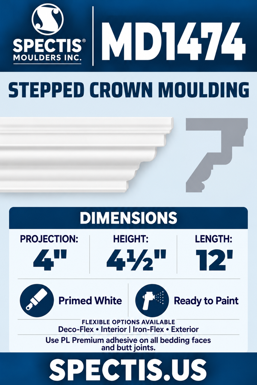 MD1474 stepped crown moulding section and side profile