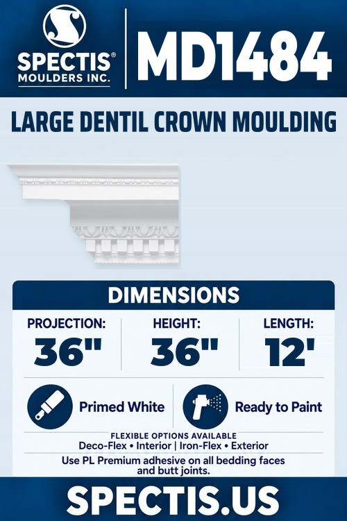 MD1484 large dentil crown moulding section and side profile