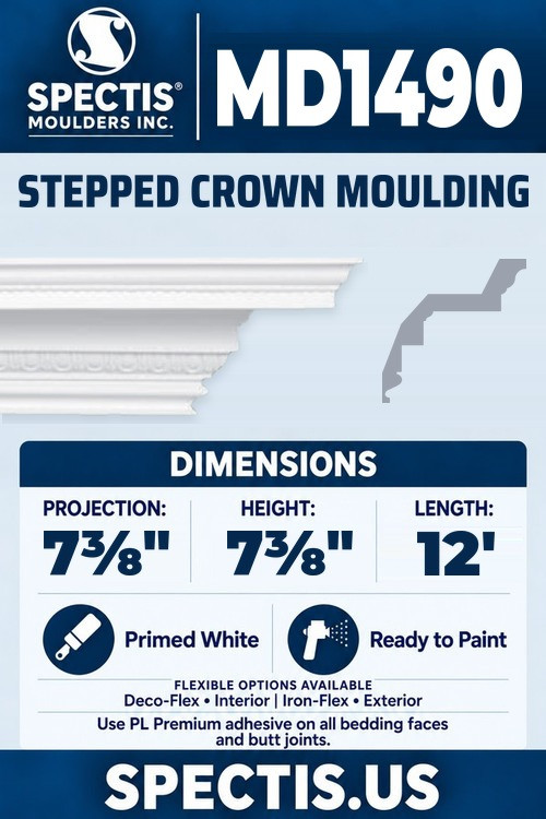 MD1490 stepped crown moulding section and side profile