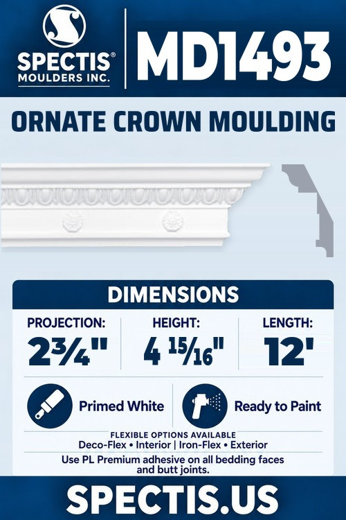 MD1493 ornate crown moulding section and side profile