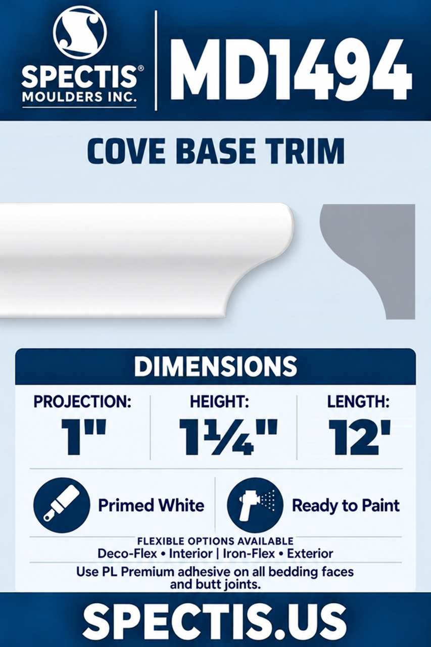 MD1494 cove base trim section and side profile