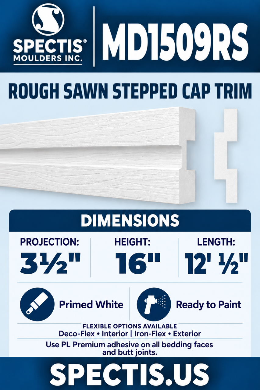 MD1509RS rough sawn stepped cap trim section and side profile